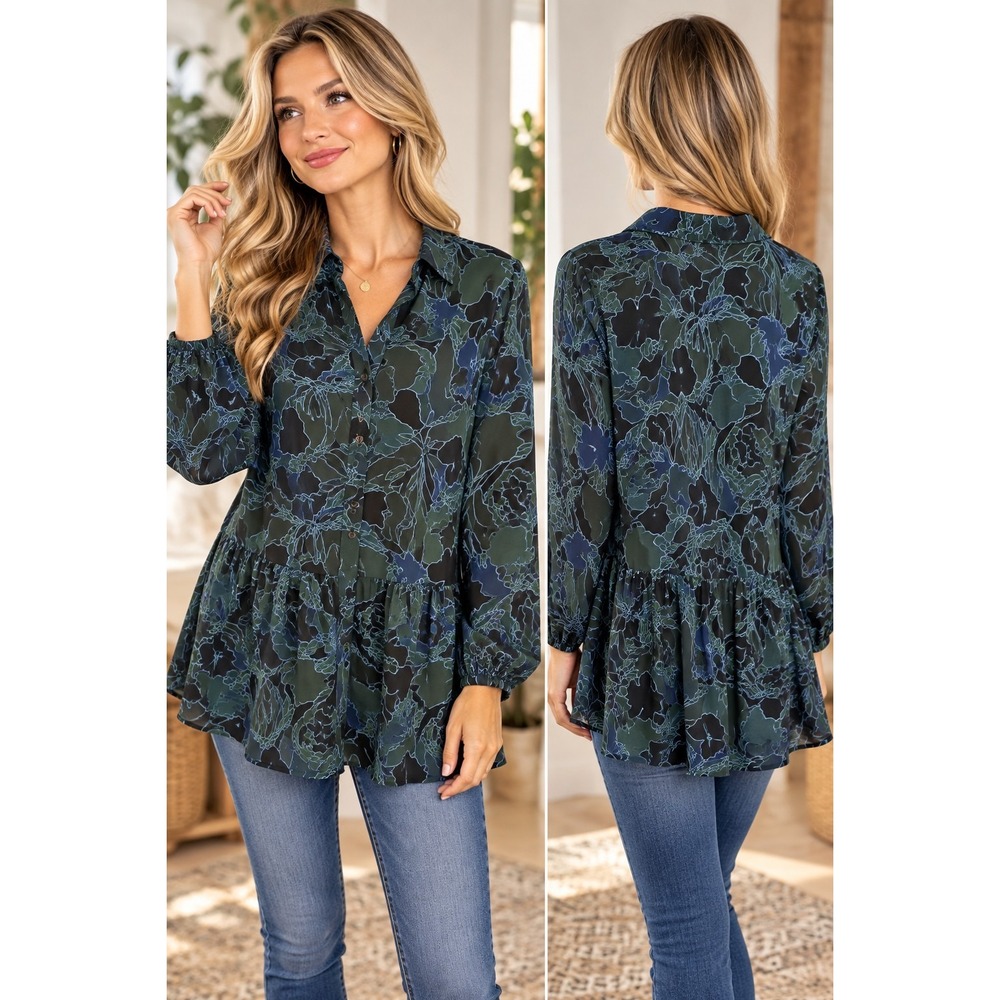 NWT LOGO Lori Goldstein Women's 1X Floral Button Green Stencil Blouse Boho Artsy